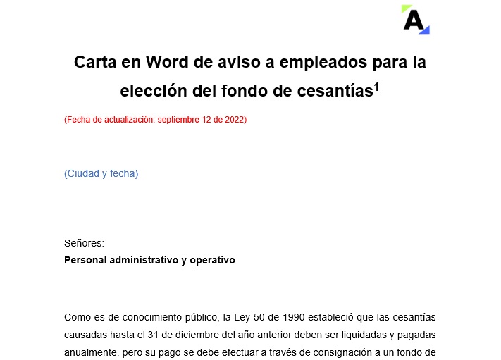 Carta en Word de aviso a empleados para la elección del fondo de cesantías