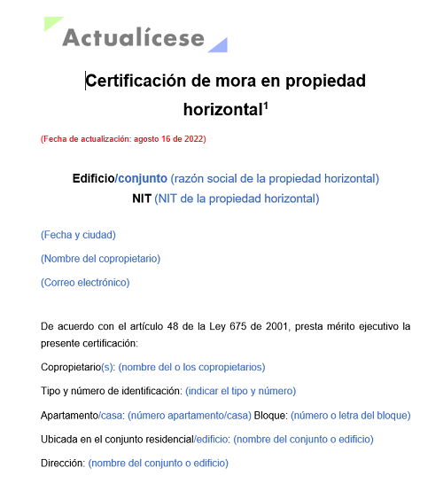 Certificación de mora en propiedad horizontal