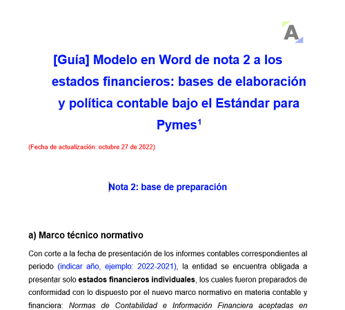 [Guía] Modelo en Word de nota 2 a los estados financieros: bases de elaboración y política contable bajo el Estándar para Pymes