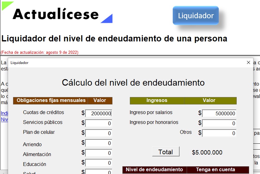 Liquidador del nivel de endeudamiento de una persona
