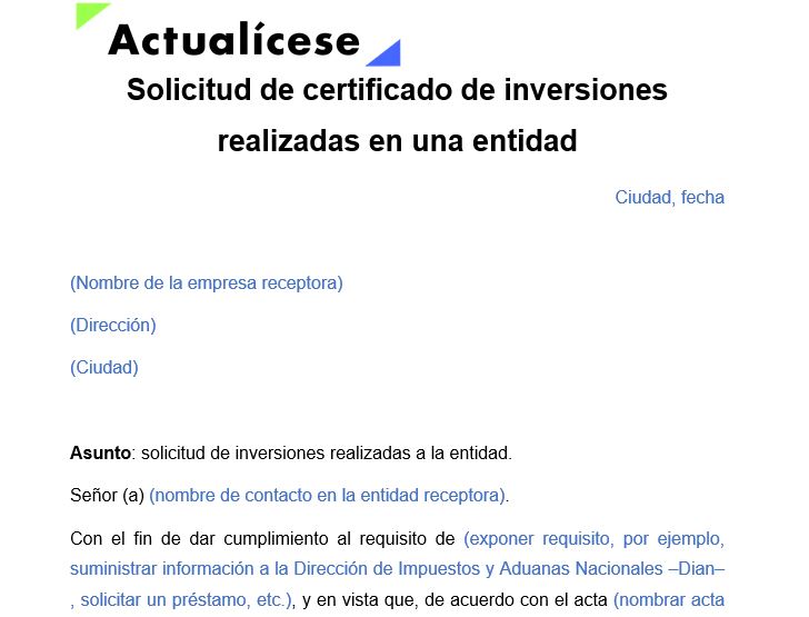 Solicitud de certificado de inversiones realizadas en una entidad