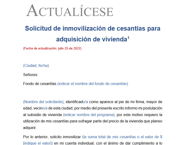 Carta de solicitud de inmovilización de cesantías para adquisición de vivienda