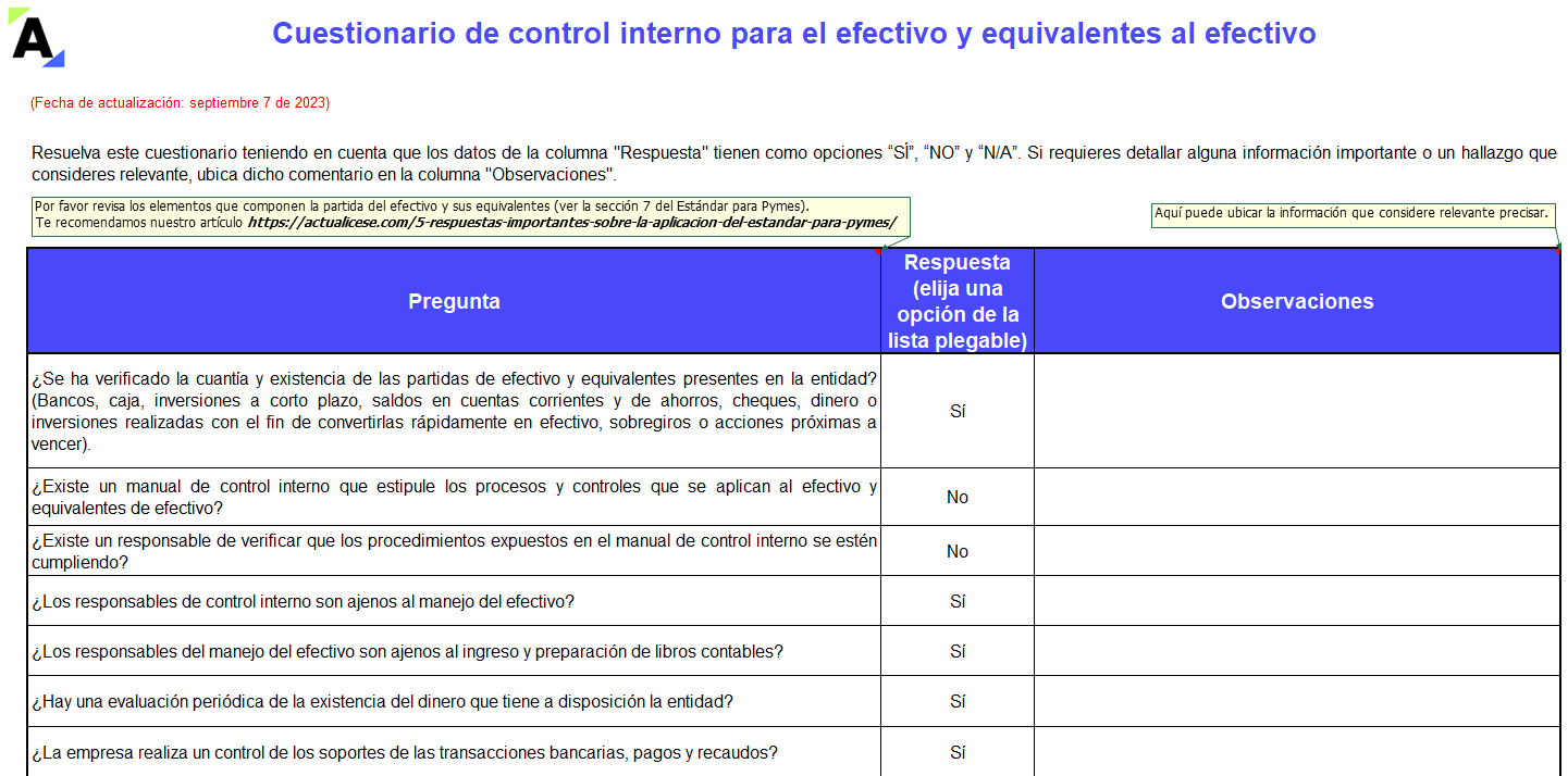 Cuestionario de control interno para el efectivo y equivalentes al efectivo