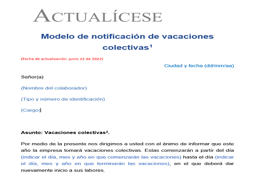 Notificación de vacaciones colectivas