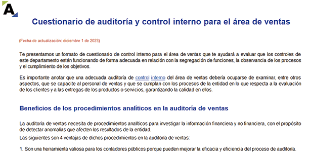 Cuestionario de auditoría y control interno para el área de ventas