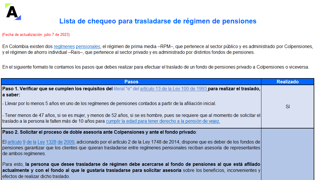 Lista de chequeo para trasladarse de régimen de pensiones: pasos esenciales a seguir