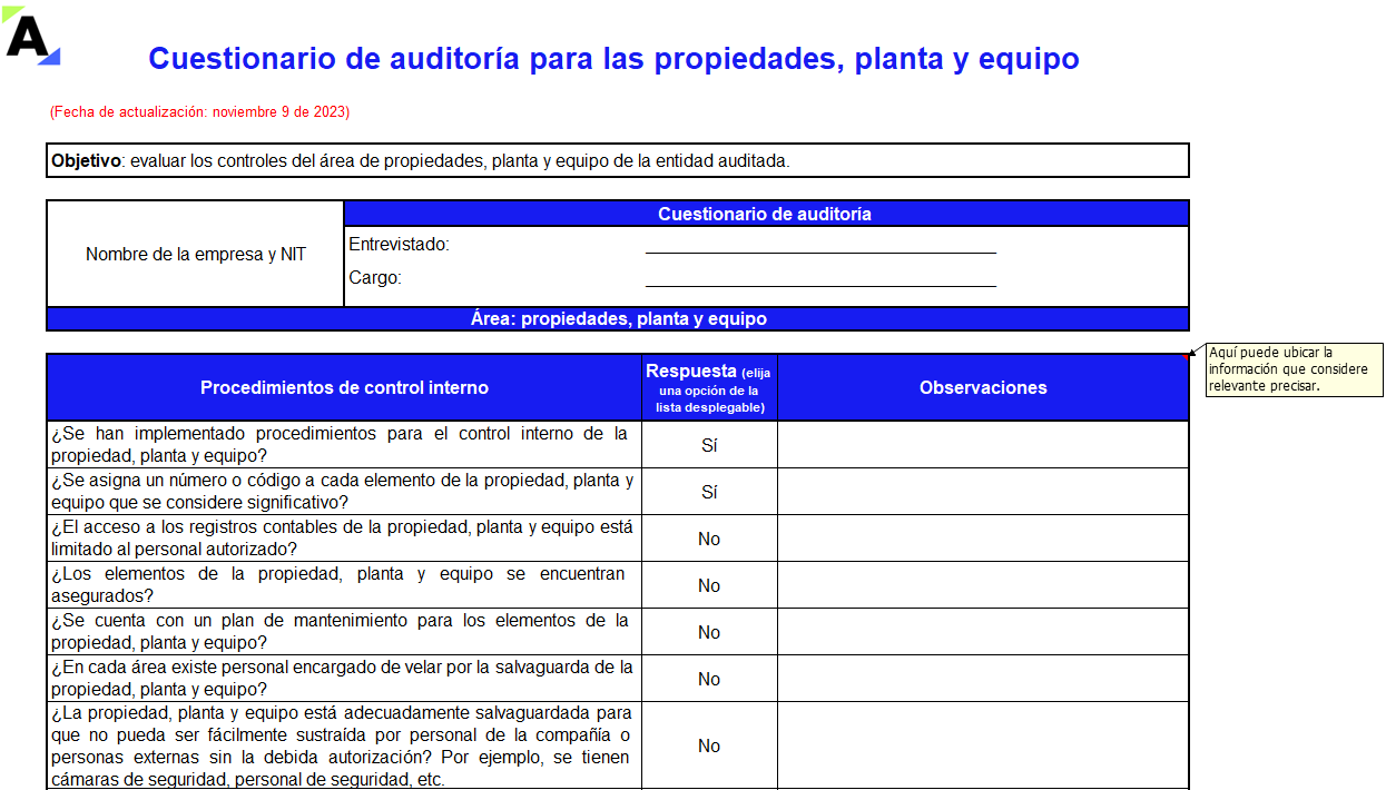 Cuestionario de auditoría en Excel para el control de propiedades, planta y equipo