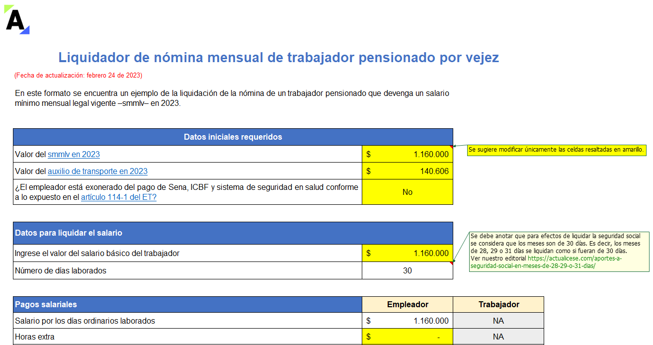 Liquidador de nómina mensual de trabajador pensionado por vejez