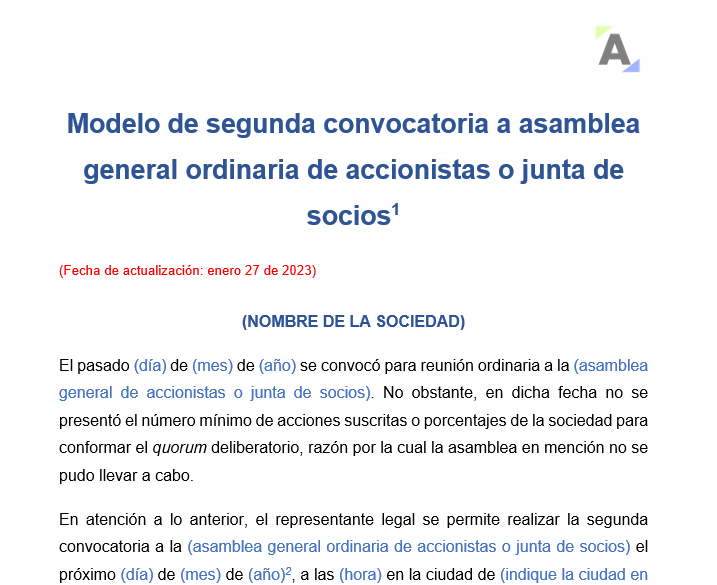 Modelo de segunda convocatoria a asamblea general ordinaria de accionistas o junta de socios