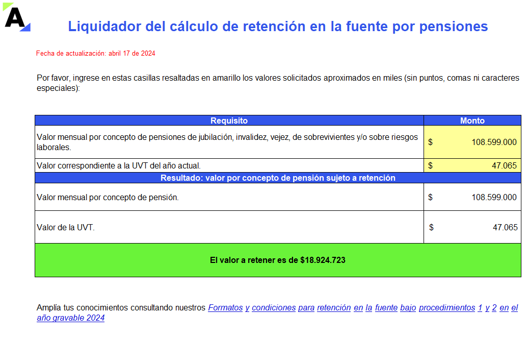 Liquidador del cálculo de retención en la fuente por pensiones