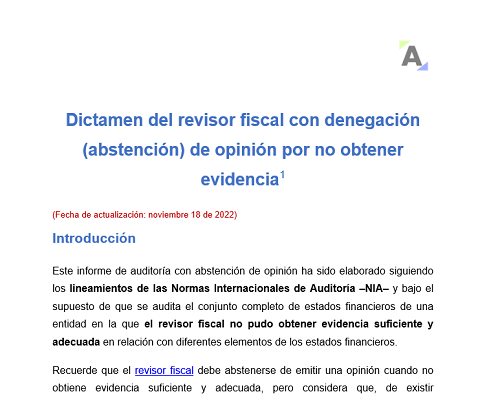 Dictamen del revisor fiscal con denegación (abstención) de opinión por no obtener evidencia
