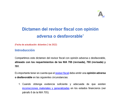 Dictamen del revisor fiscal con opinión adversa o desfavorable