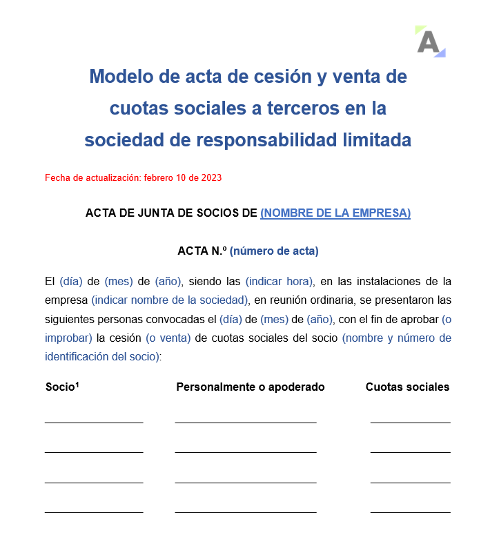 Modelo de acta de cesión y venta de cuotas sociales a terceros en la sociedad de responsabilidad limitada