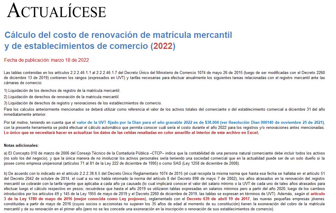 Liquidador del costo de renovación de matrícula mercantil y de establecimientos de comercio (2022)