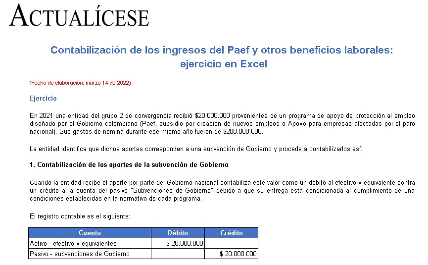 Contabilización de los ingresos del Paef y otros beneficios laborales: ejercicio en Excel