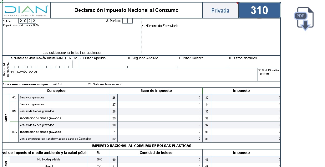 Formulario 310 AG 2022: declaración del impuesto nacional al consumo (plantilla para borrador)