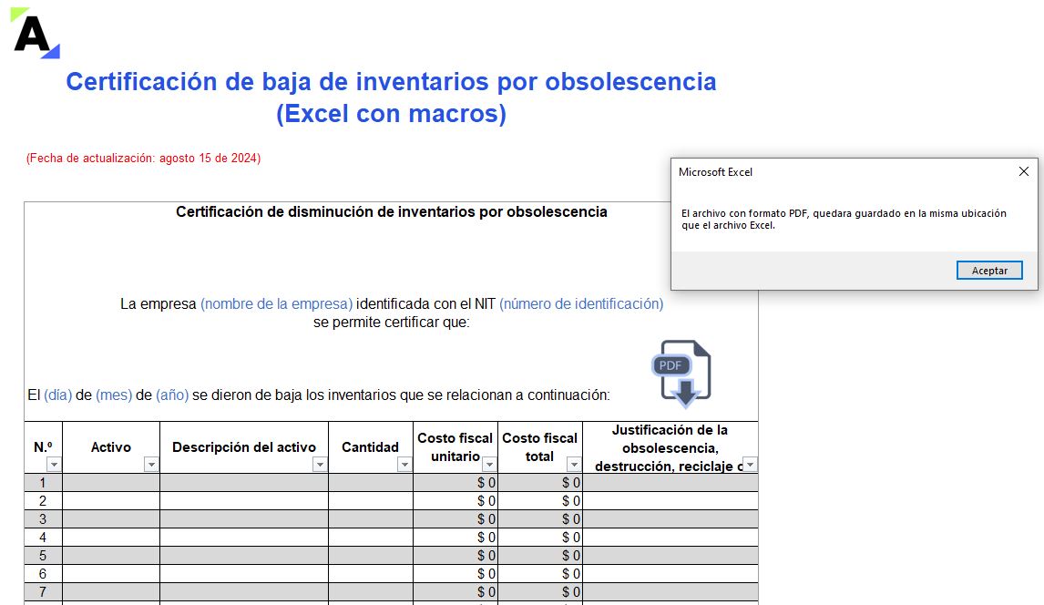 Certificación de baja de inventarios por obsolescencia (Excel con macros)