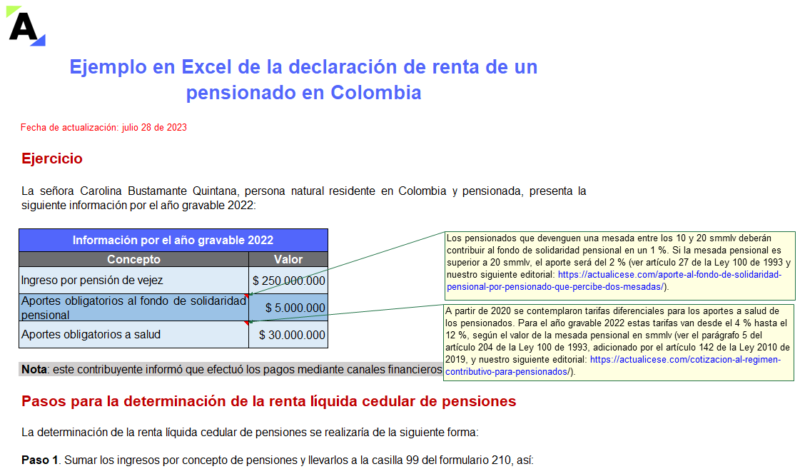 Ejemplo en Excel de la declaración de renta de un pensionado en Colombia