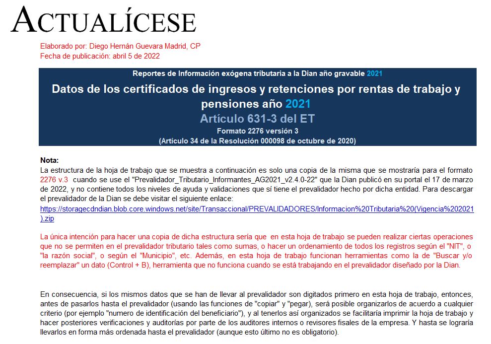 Plantilla del formato 2276 y del 2280 para el reporte de información exógena de 2021