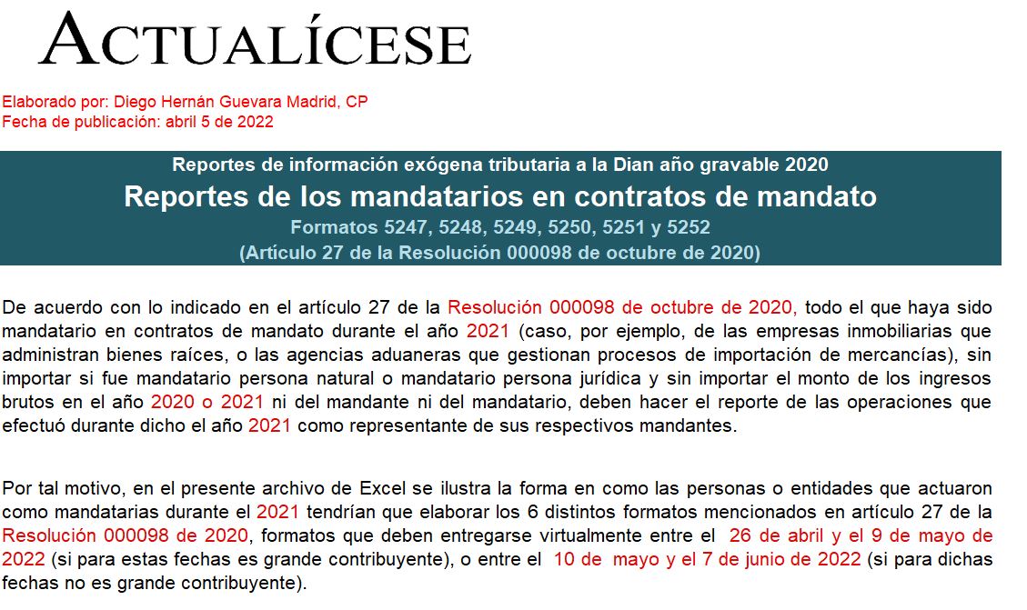 Plantilla de los formatos de exógena por el año gravable 2021: reportes de los mandatarios