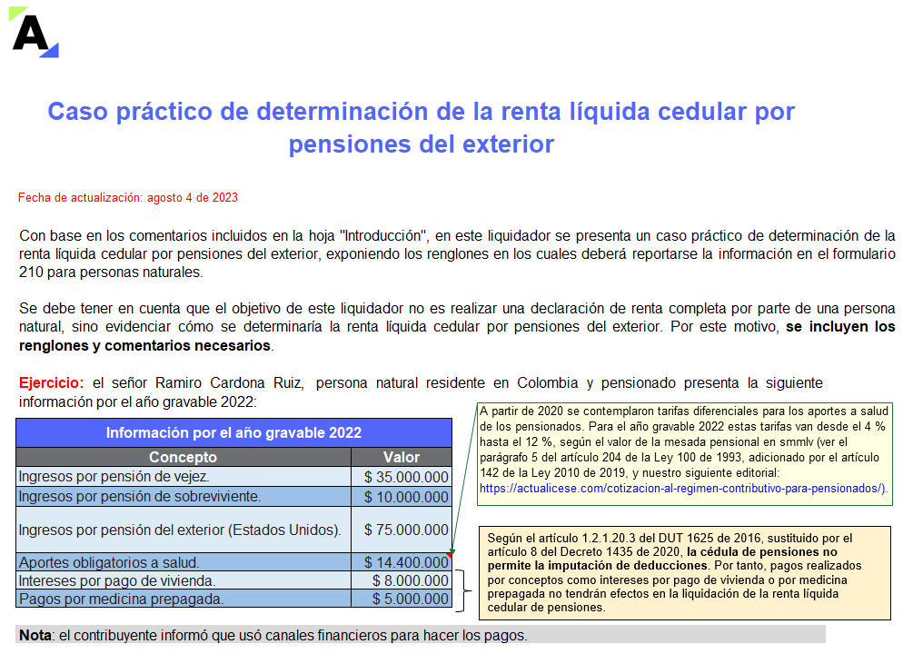 Caso práctico de determinación de la renta líquida cedular por pensiones del exterior