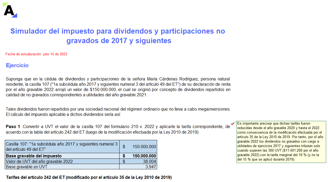 Simulador del impuesto para dividendos y participaciones no gravados de 2017 y siguientes