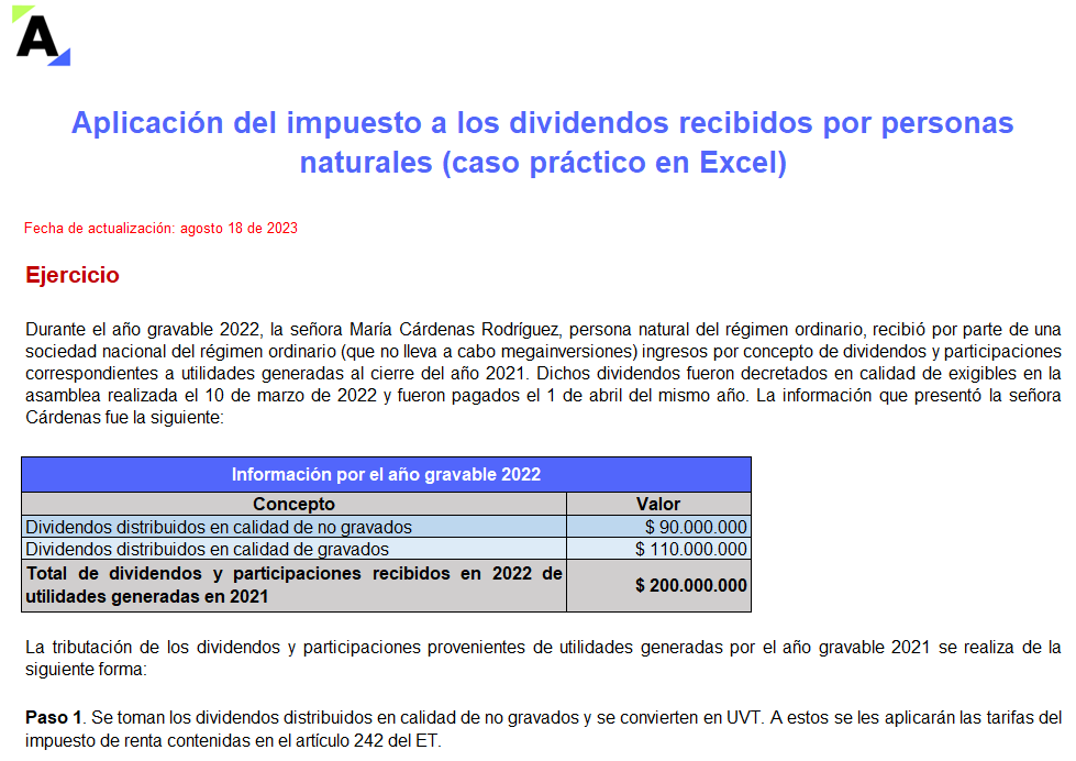 Aplicación del impuesto a los dividendos recibidos por personas naturales (caso práctico en Excel)