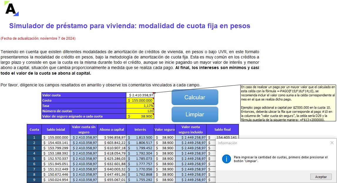Simulador de préstamo para vivienda: modalidad de cuota fija en pesos