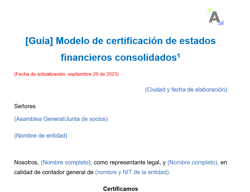 Modelo de certificación de estados financieros consolidados