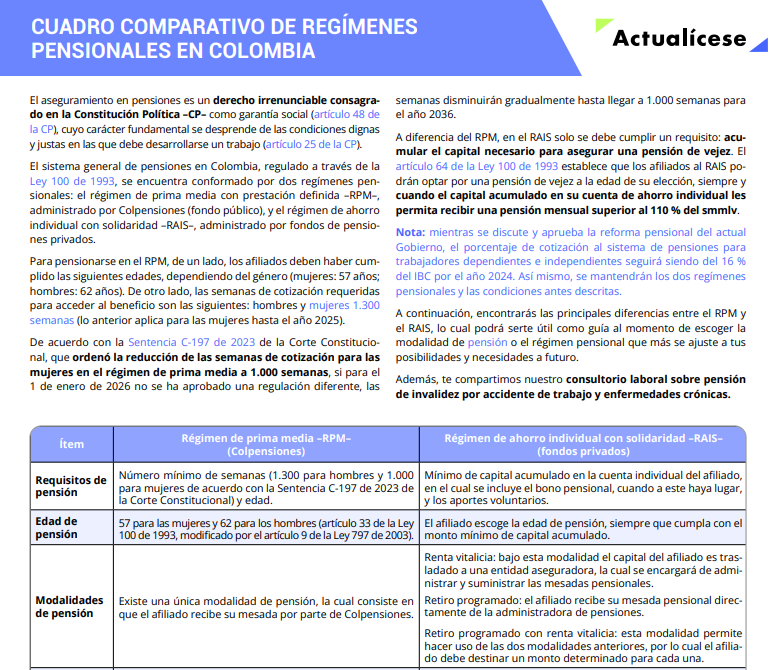 Cuadro comparativo de regímenes pensionales en Colombia