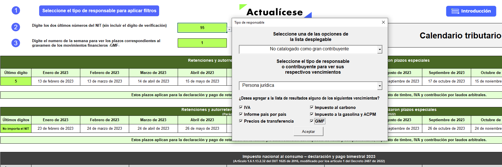Calendario tributario 2023 – versión automatizada en Excel