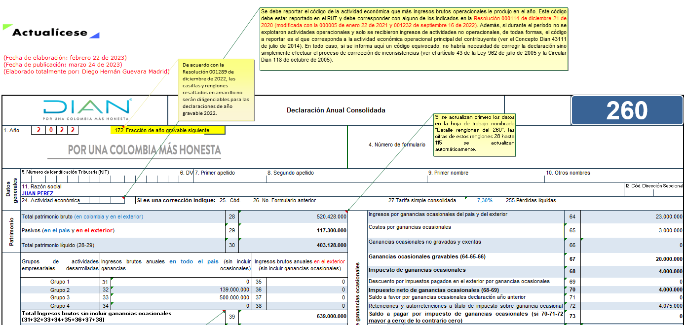 Formulario 260 AG 2022 – declaración anual régimen simple (personas naturales que no llevan contabilidad)