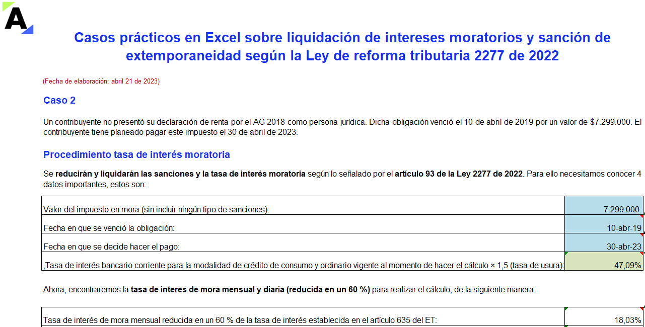 Casos prácticos de liquidación de intereses moratorios y sanción de extemporaneidad, Ley 2277 de 2022