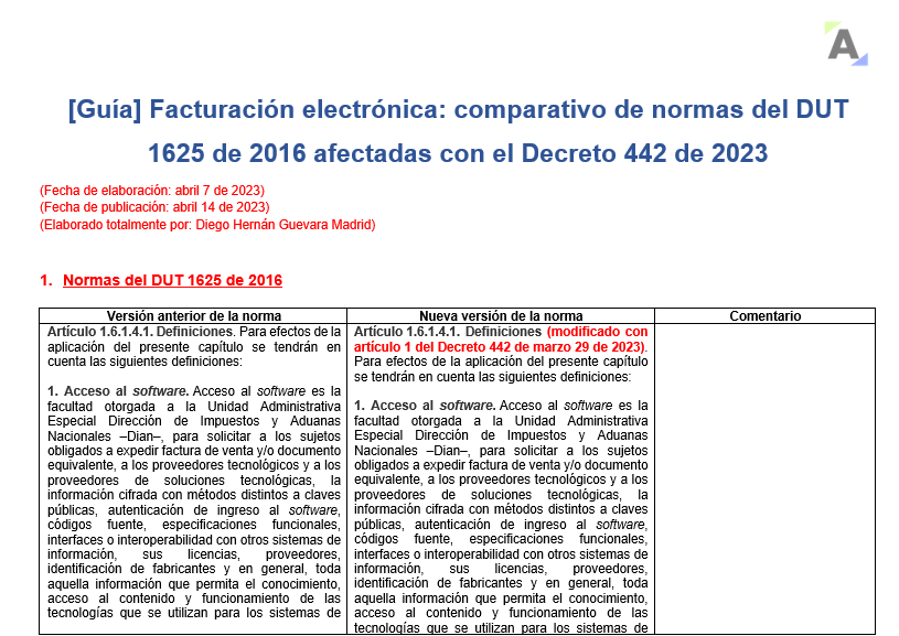 Facturación electrónica: comparativo de normas del DUT 1625 de 2016 afectadas con el Decreto 442 de 2023