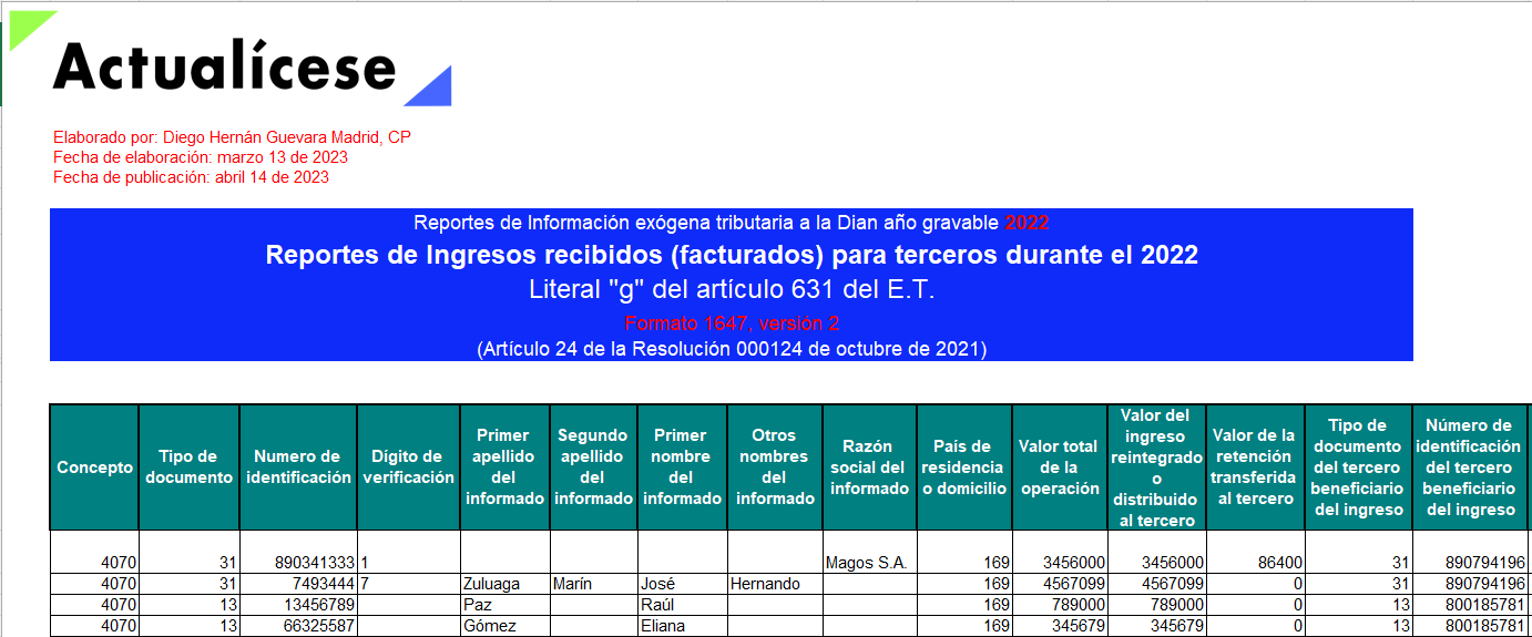 Plantilla del formato 1647 para el reporte de ingresos recibidos para terceros – exógena 2022