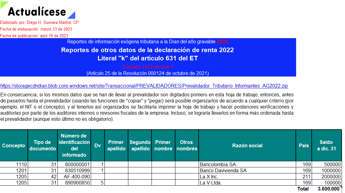 Plantilla de los formatos 1011, 1012 y 2275 de exógena 2022 para el reporte de otros datos en renta e IVA