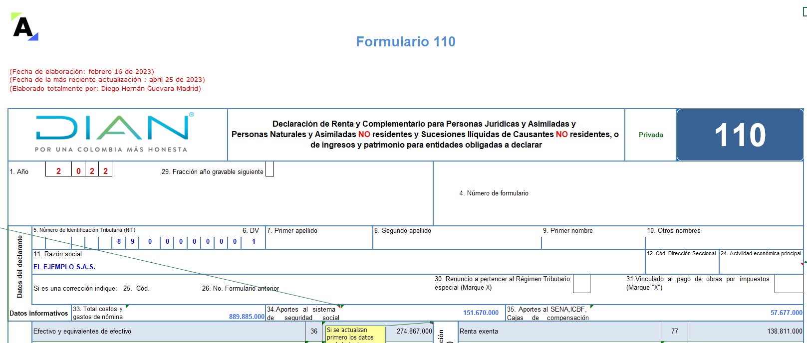 Liquidador en Excel del formulario 110 y el formato 2516: declaración de renta de personas jurídicas AG 2022