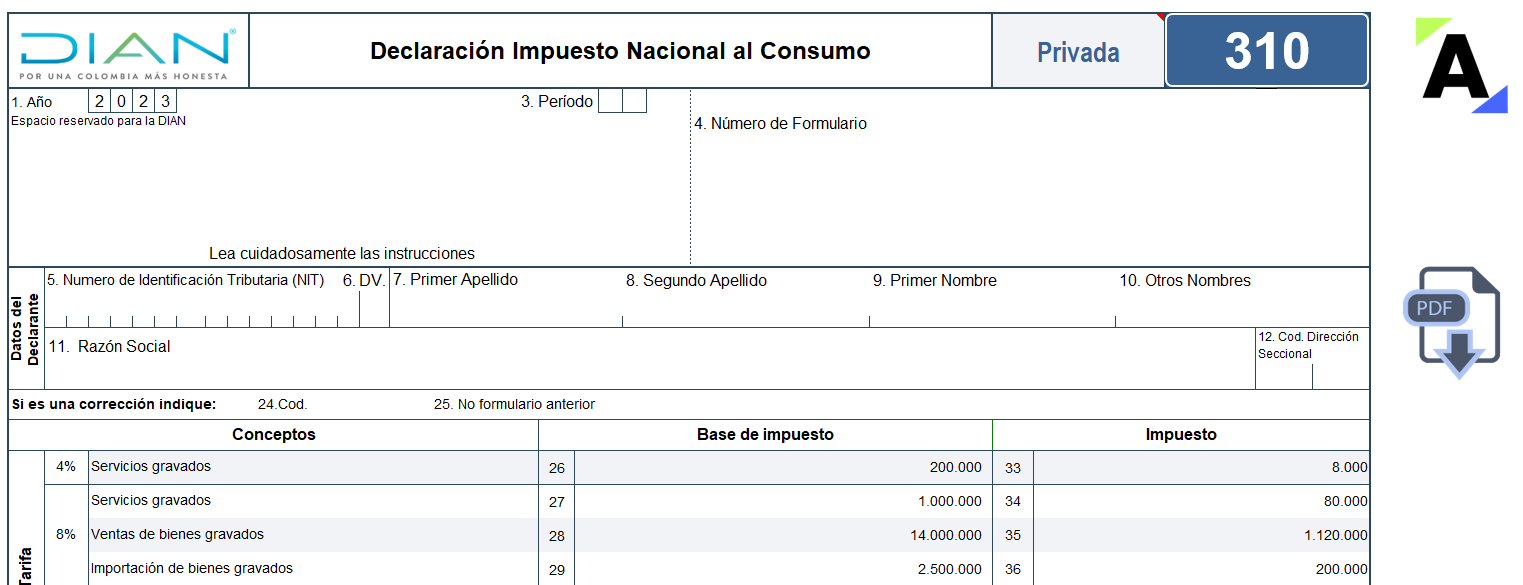 Plantilla del formulario 310 AG 2023: declaración del impuesto nacional al consumo