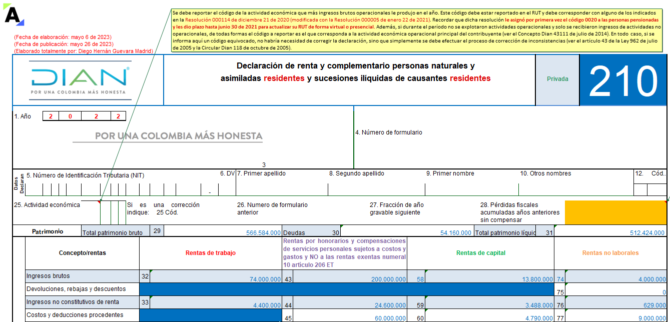 Formulario 210: declaración de renta de personas naturales residentes que no llevan contabilidad AG 2022