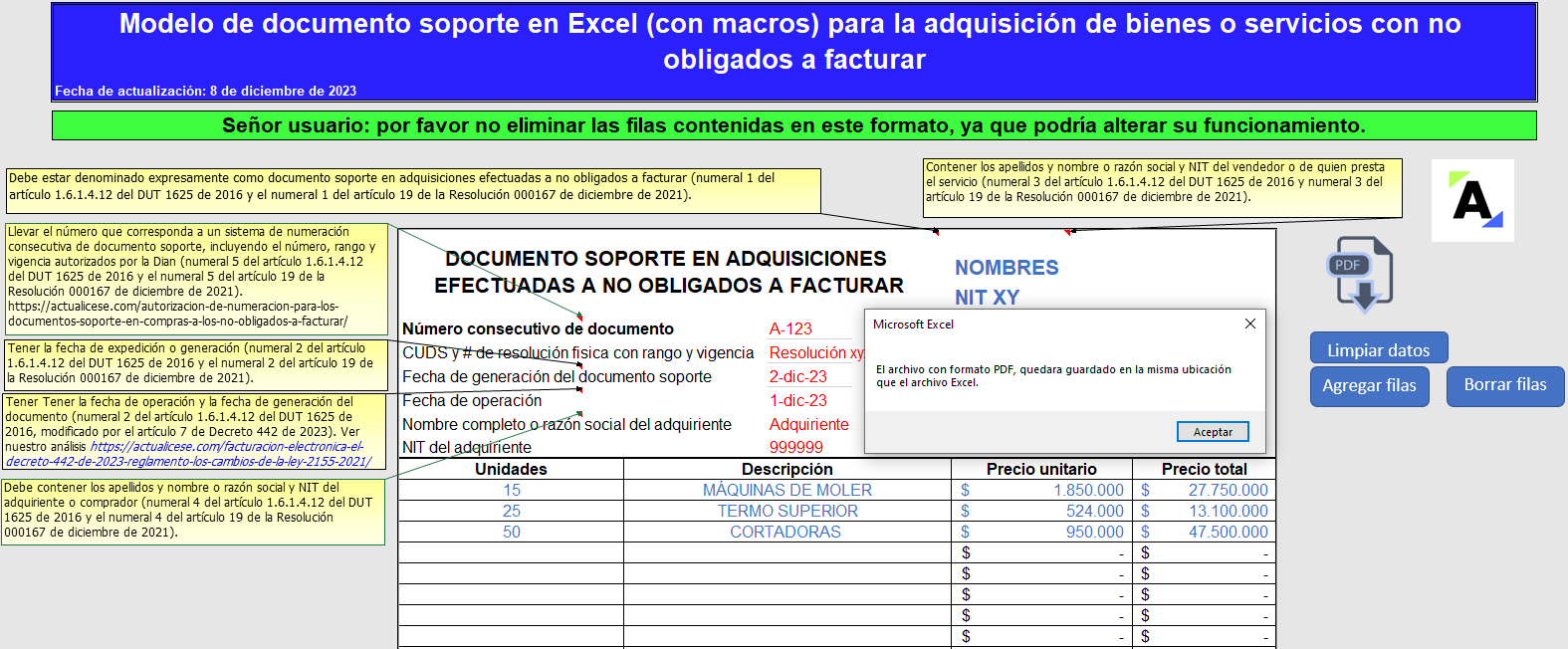 Modelo en Excel (con macros) del documento soporte para operaciones con no obligados a facturar