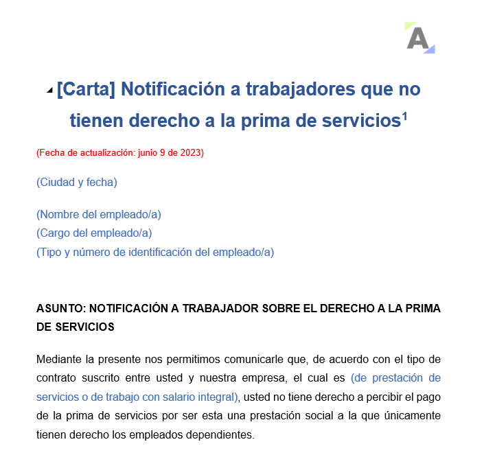 Notificación a trabajadores que no tienen derecho a la prima de servicios