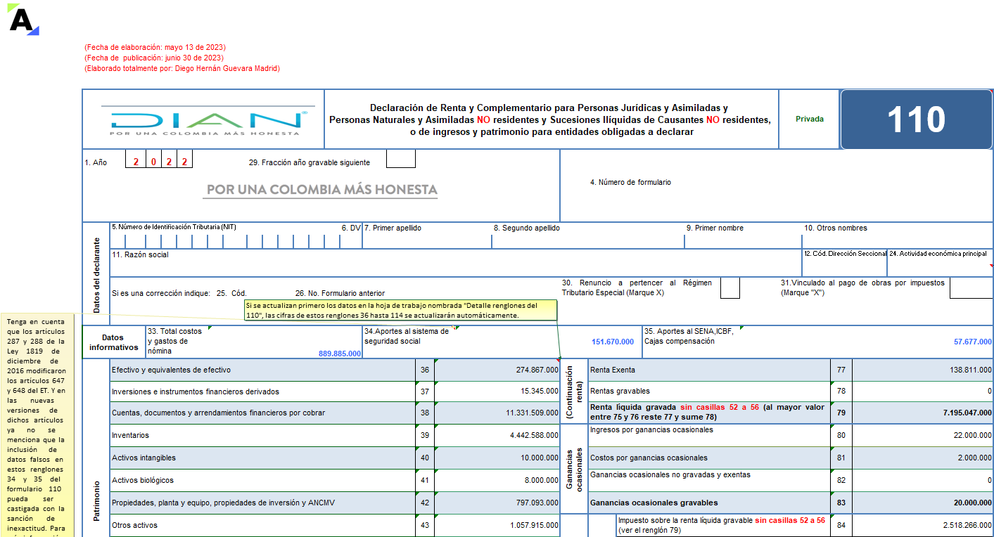 Formulario 110 y formato 2516 para la declaración de renta de personas naturales no residentes que llevan contabilidad AG 2022
