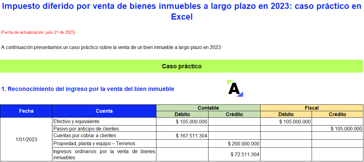 Impuesto diferido por venta de bienes inmuebles a largo plazo en 2023: caso práctico en Excel
