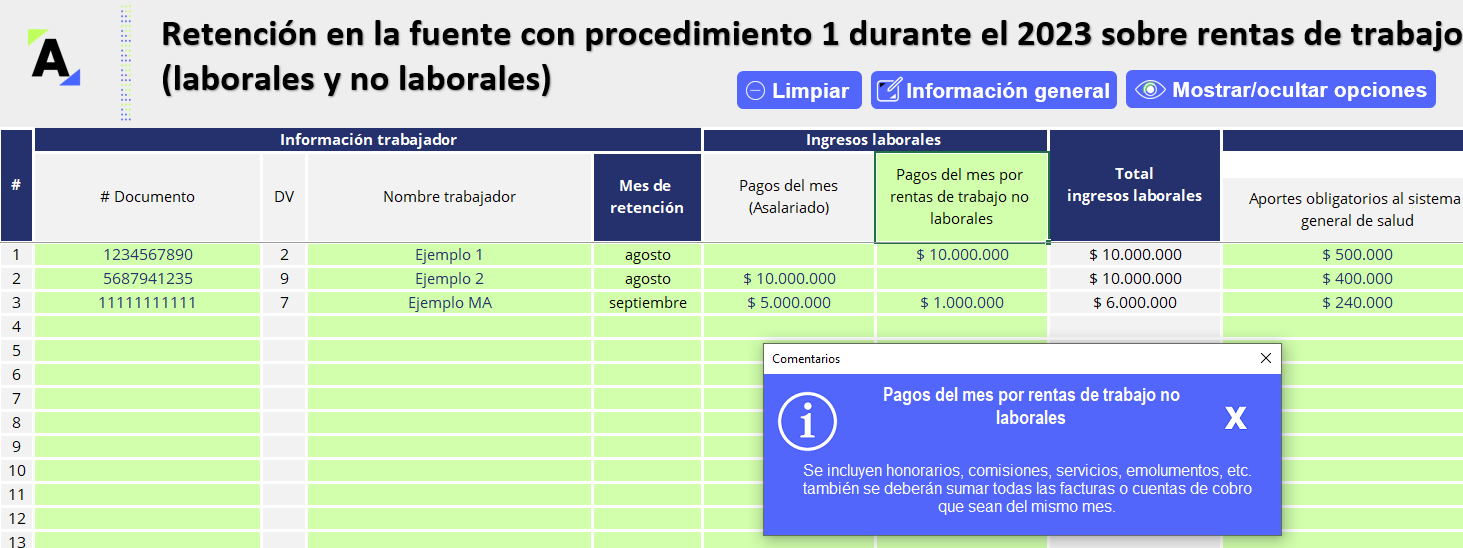 Liquidador en Excel con macros del porcentaje de retención en la fuente sobre salarios, procedimiento 1 (2023)