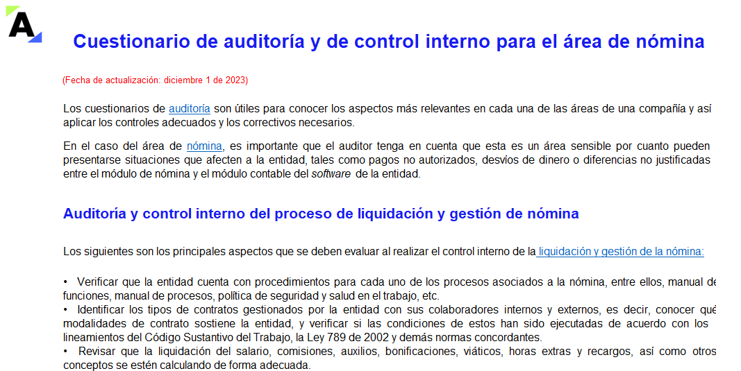 Cuestionario de auditoría y control interno para el área de nómina