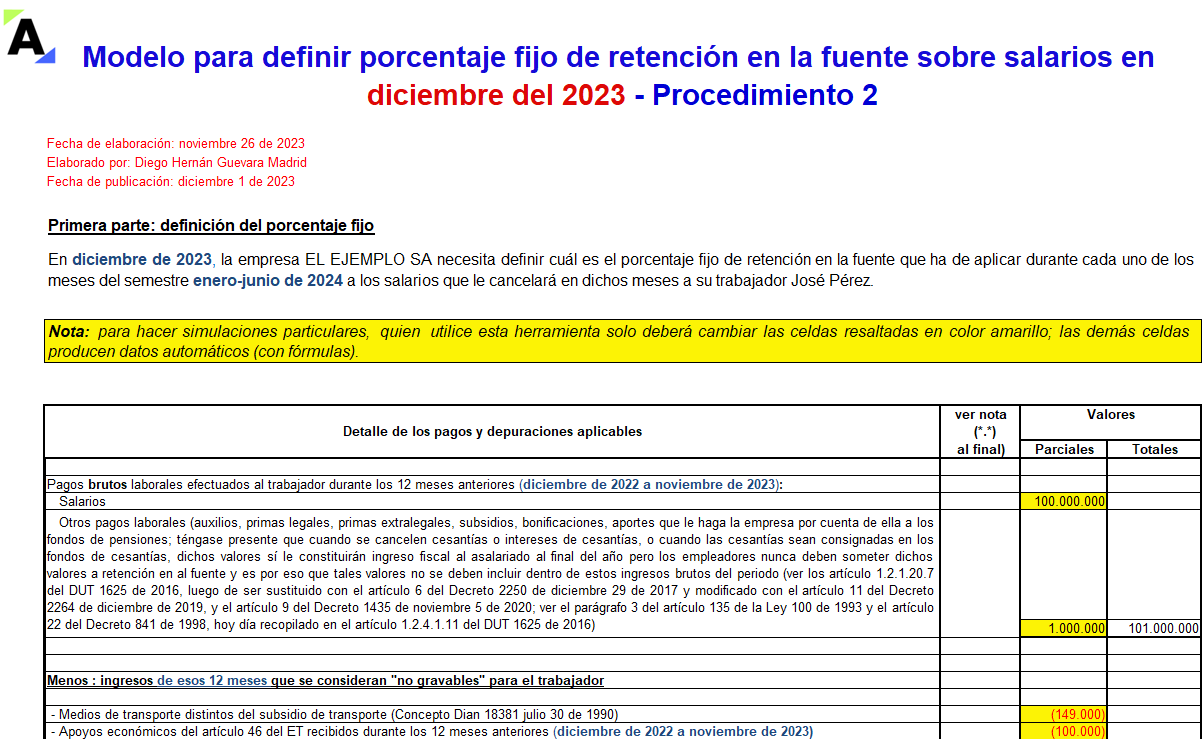 Liquidador en Excel del porcentaje fijo de retención en la fuente sobre salarios en diciembre de 2023 – Procedimiento 2