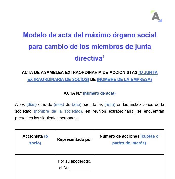Modelo de acta del máximo órgano social para cambio de los miembros de junta directiva