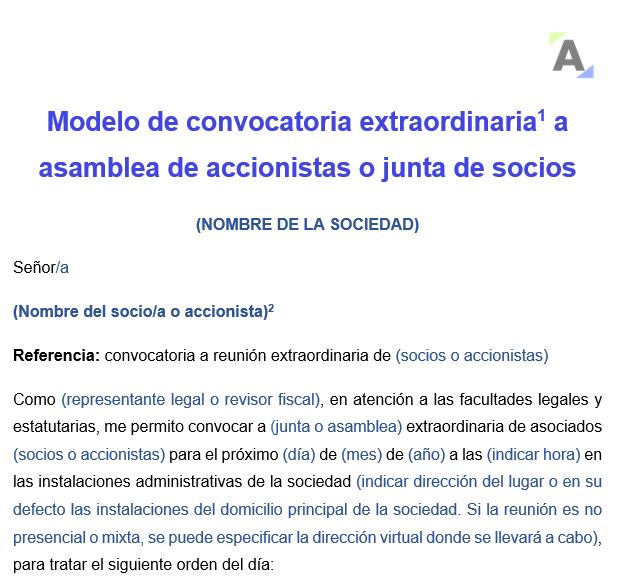 Modelo de convocatoria extraordinaria a asamblea de accionistas o junta de socios