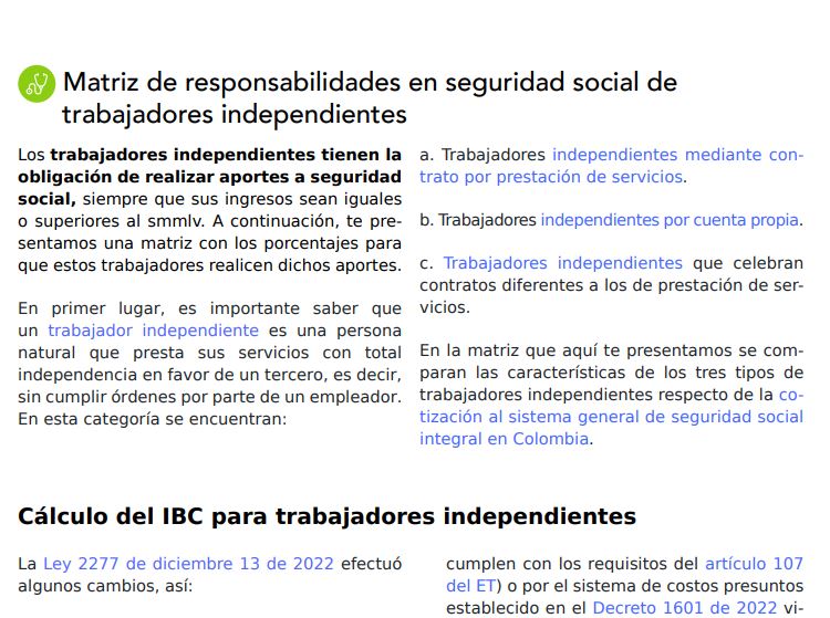 Matriz de responsabilidades en seguridad social de trabajadores independientes