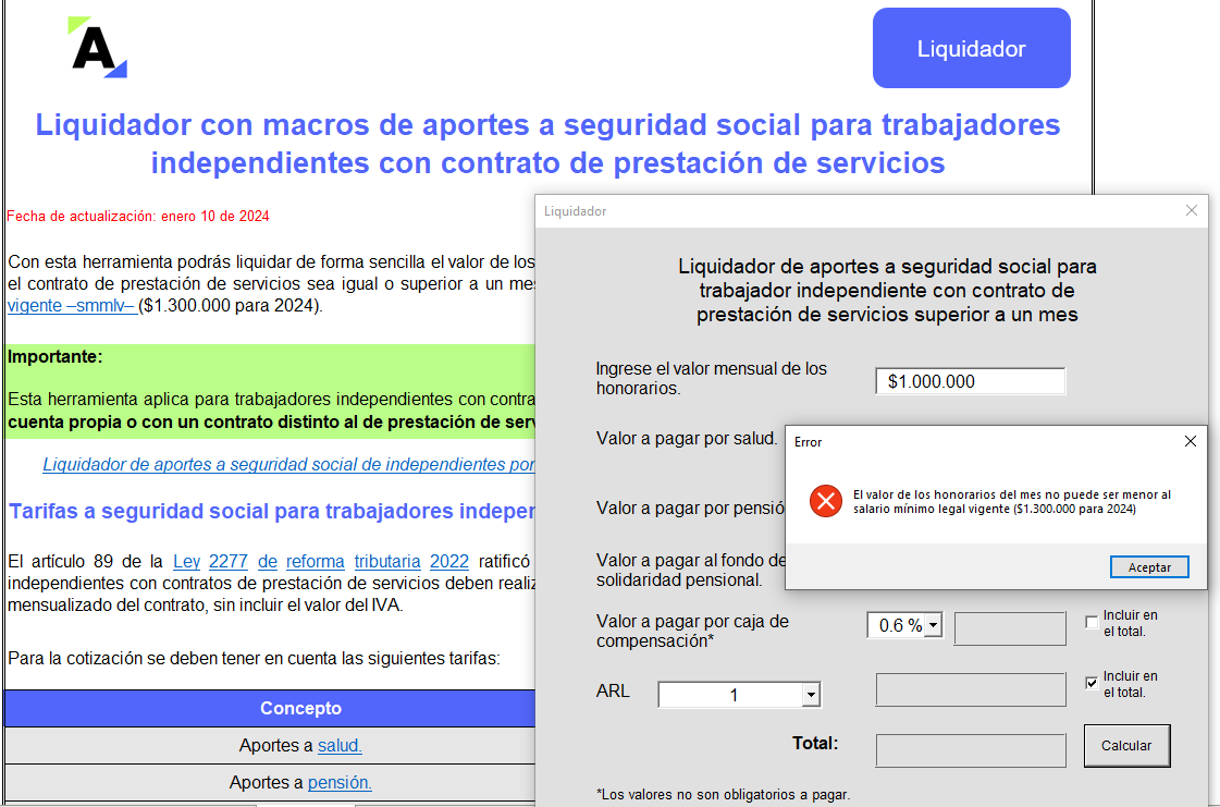 Liquidador de aportes a seguridad social para independientes con contrato de prestación de servicios